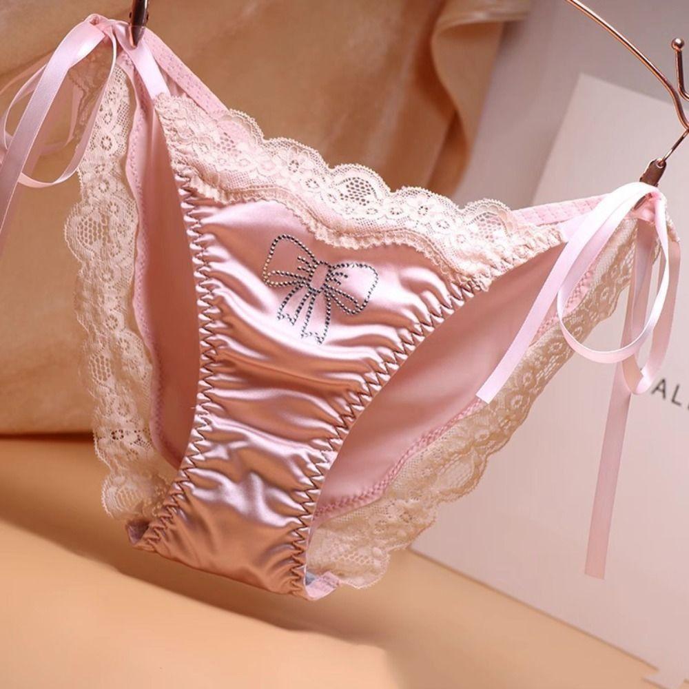 Crystal Bow Rhinestone Satin Panties Ice Silk Lace Briefs for Women Sweet Lace Tie Panties  Girl