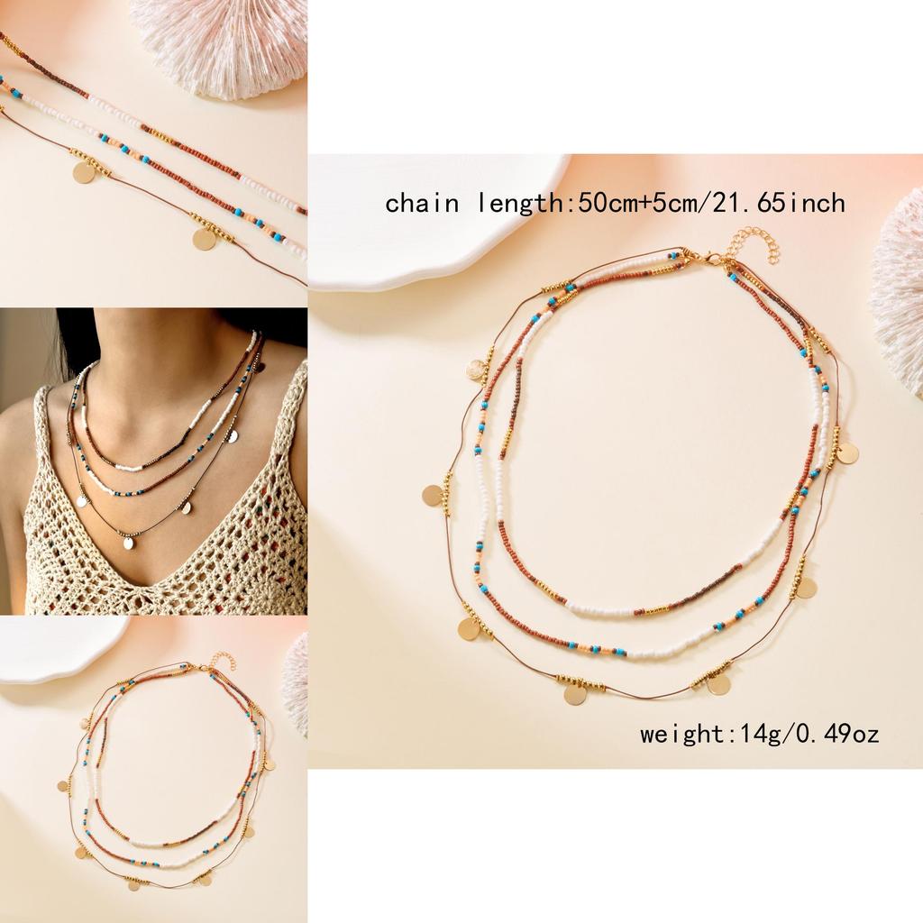 Bohemian Style Multilayer Beaded Necklace With Geometric Elements For Women