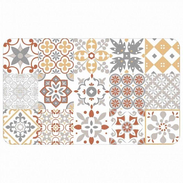 Tapis de cuisine décoratif - EDEN - 45 x 75 cm - Motif carreaux de ciment - Anti-dérapant - Orange