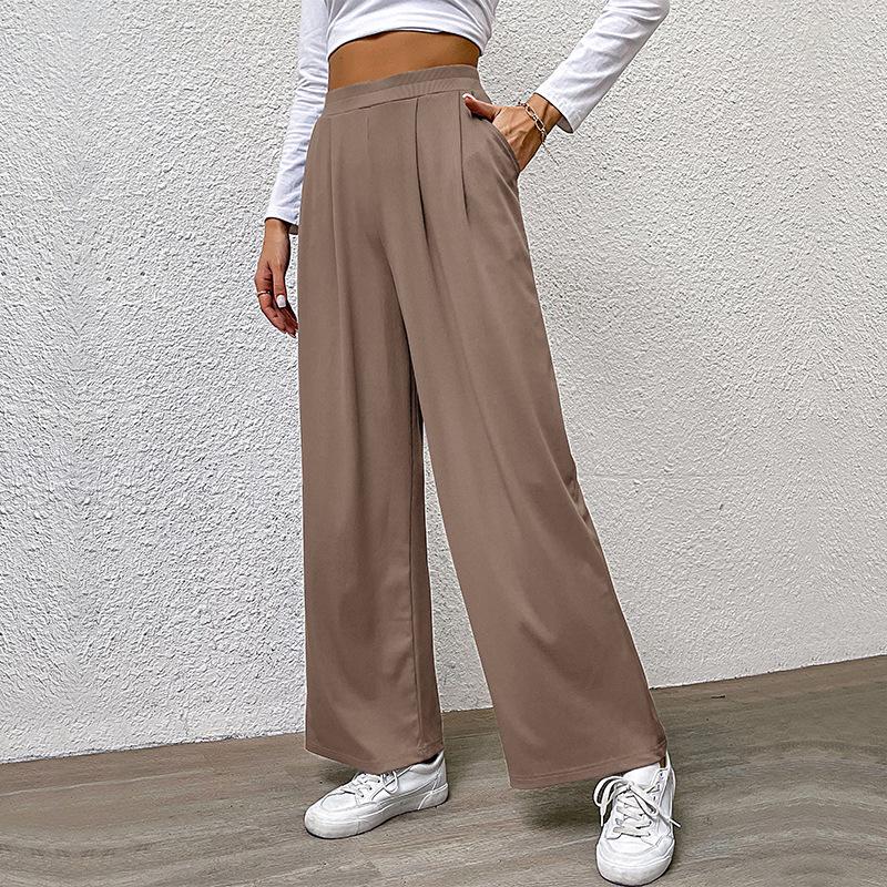 2024 Women's Autumn Solid Color Wide Leg Ribbed Casual Pants with Elastic Waist