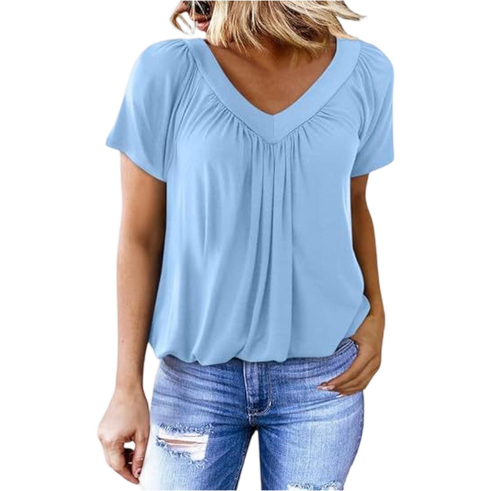 Women s Casual Color V-Neck Pleated Short Sleeved Top V-Neck Pleated Short Sleeved Top L