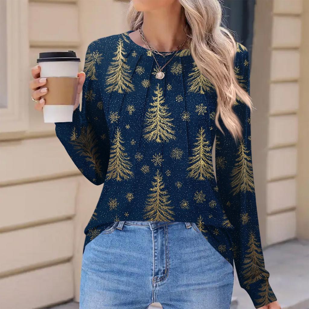 Women's Fashionable Casual Christmas Printed Pleated Comfortable Round Neck Loose Long Sleeve T-Shirt Top