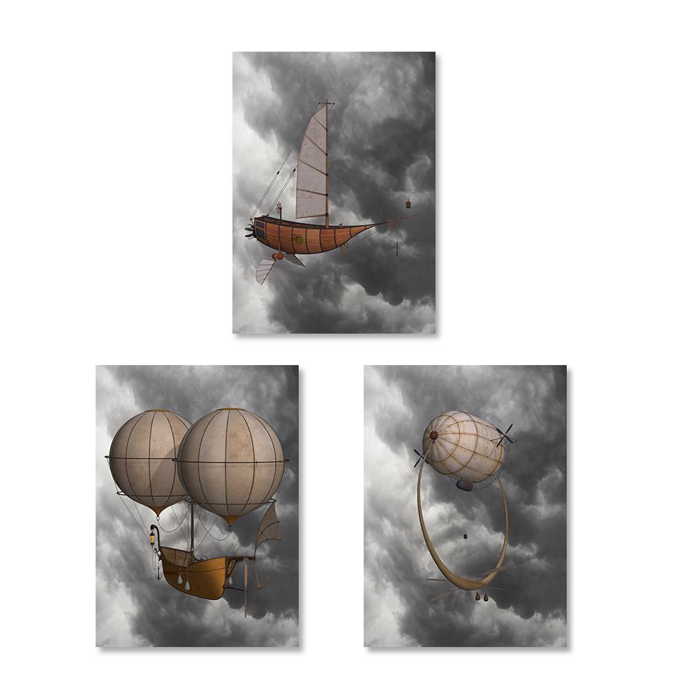Vintage Hot Air Balloon Retro Steampunk Airship Canvas Painitng Wall Art Picture Poster for Living Room Kidsroom Home Decor