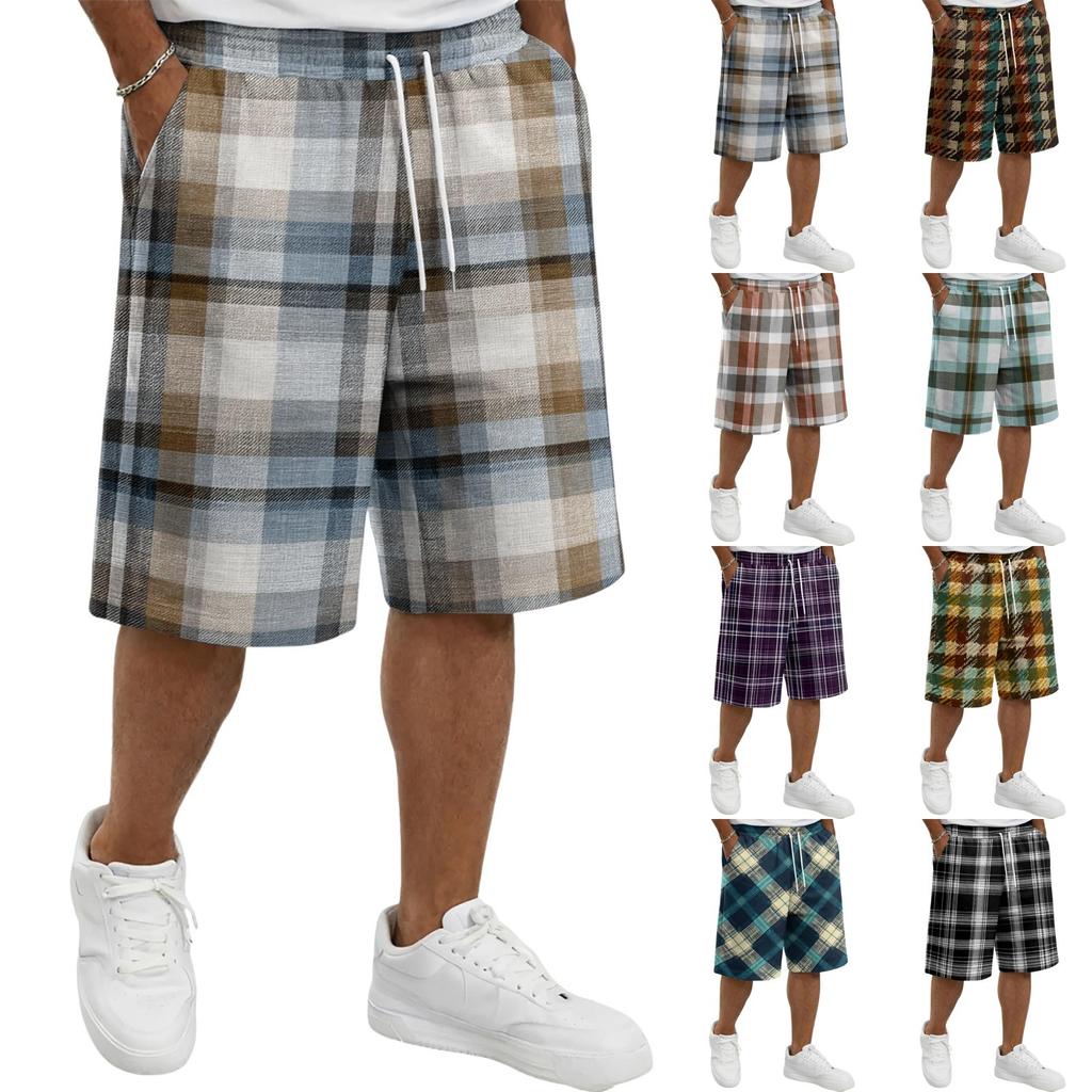 Mens Plaid Drawstring Waist Casual Shorts Relaxed Fit Knee Length Soft Fabric Lightweight Plaid Shorts for Daily Wear