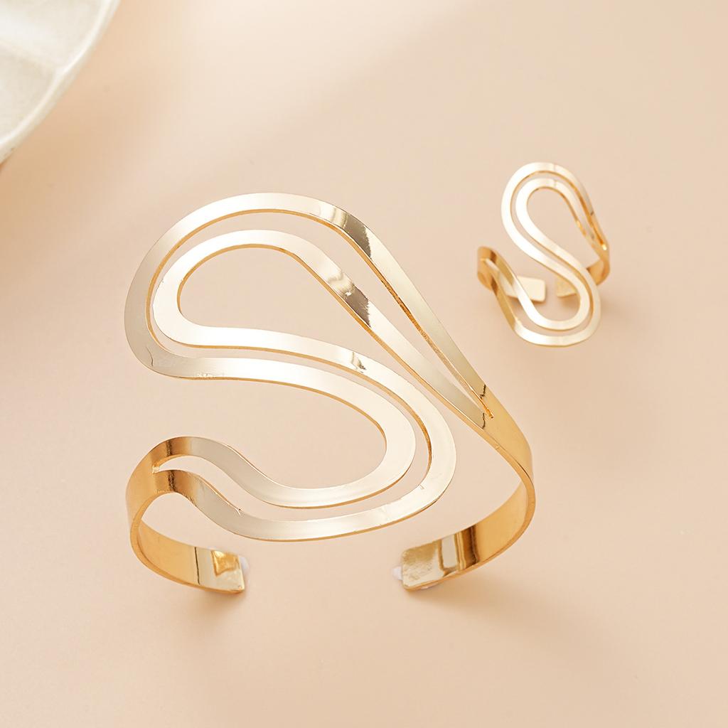 Minimalist 2PCS Gold-plated Snake Shaped Bracelet Bangles for Women Fashion Metal Girls Geometric Ring Jewelry Sets