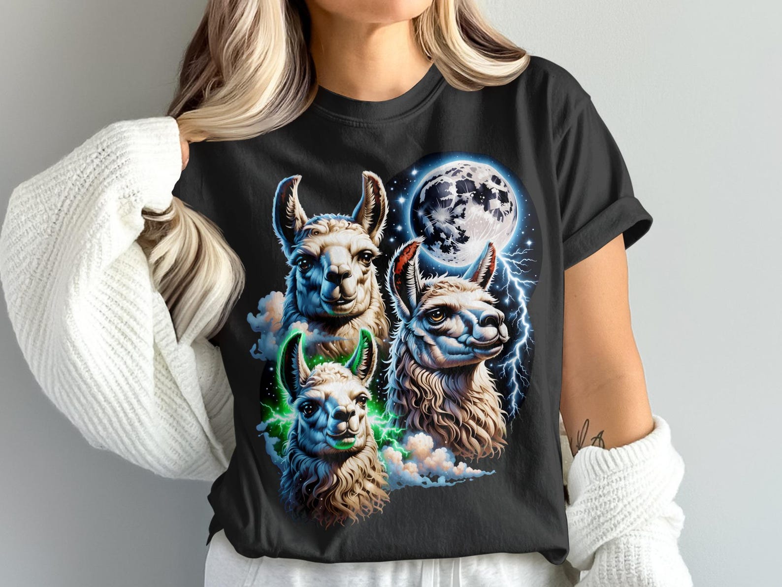 Electric Llama T-Shirt, Cosmic Moon Stars Lightning Design, Mystical Wildlife Animal Art Tee, Unique Fantasy Llama Graphic T-Shirt 2XL