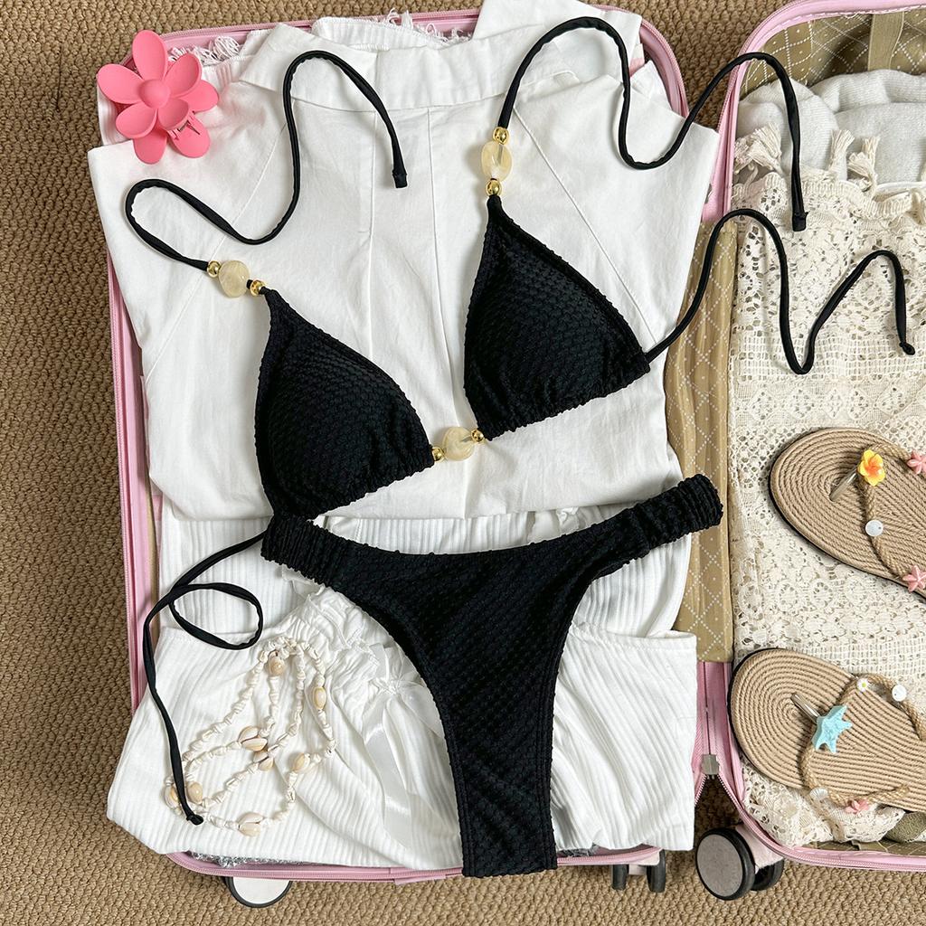 2026 European and American New Sexy Solid Color Neck Wearing Beads Beach Women Split Bikini Bikini Swimsuit