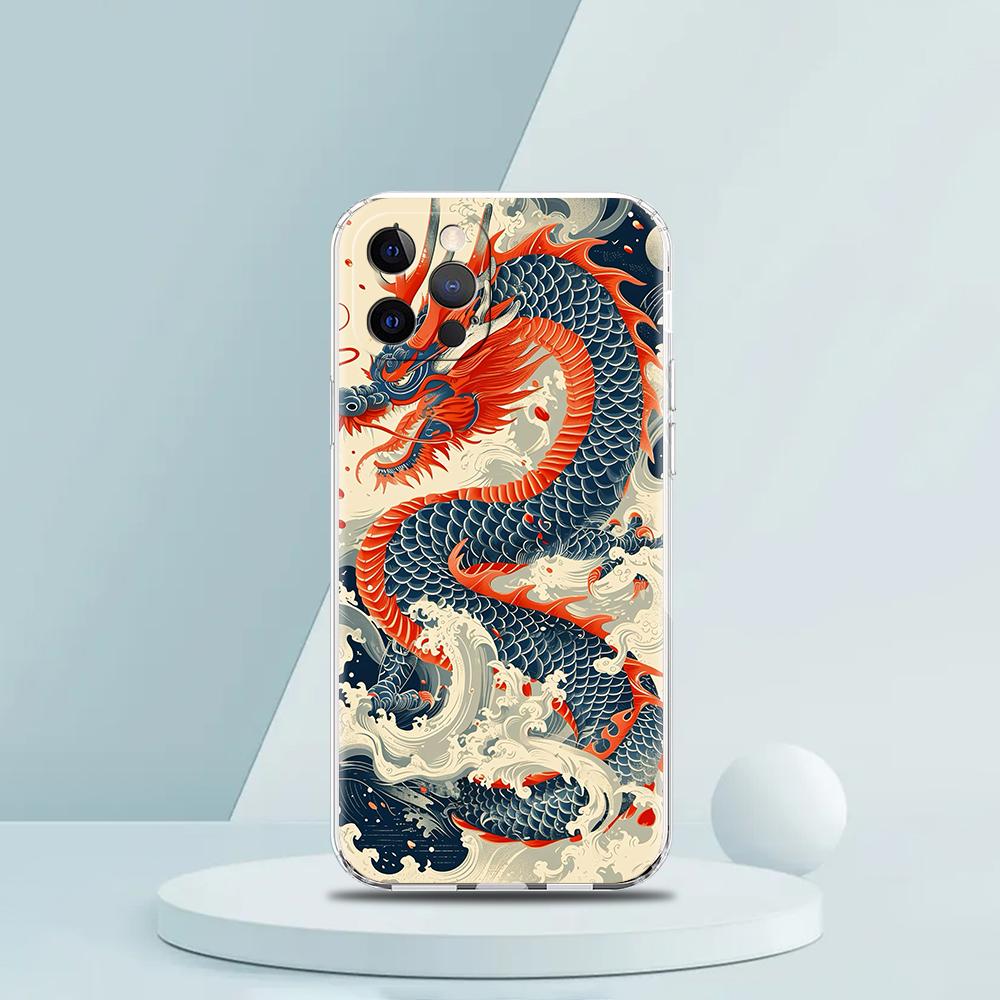 Für iPhone 15 16 14 13 12 mini 11 Pro Max XS X XR SE 7 8 Plus Silikon Klare Hülle Illusionäre Farbe Chinesischer Drache Handyhülle