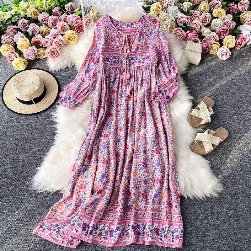 

Таиланд Travel Beat Этническое ретро платье-халат с большим свободным кроем, бохо, длинное пляжное праздничное платье с цветочным принтом и кисточками. 2XL розовый