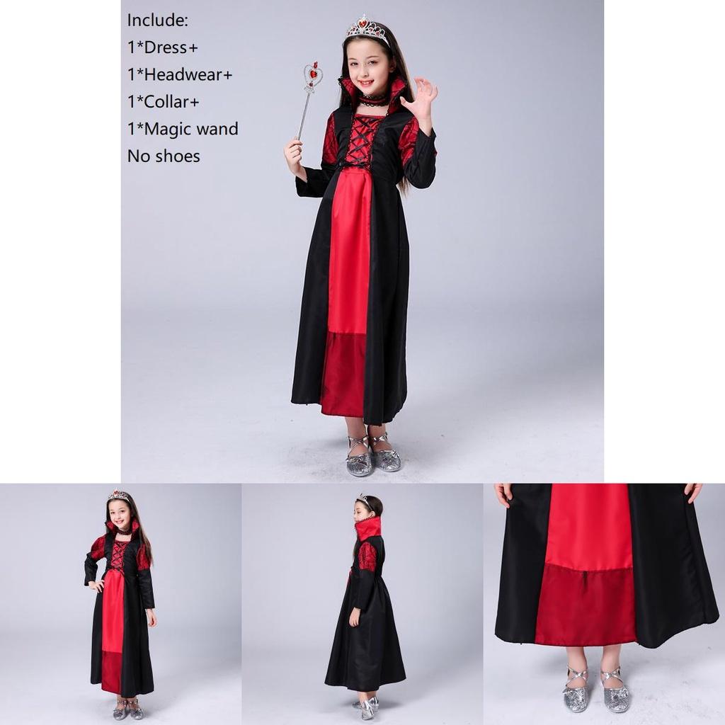 Enchanting Kids Girls Queen Costume Lace Up Witch Dress For Halloween Cosplay