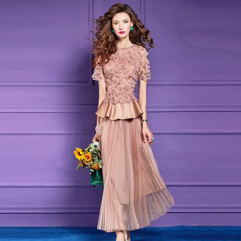 

Feimengyi Fancy Fashion Suit Female Summer Flower Ruffles Waist-Controlled Top Mesh Skirt Two-piece Set Cinnamon powder S