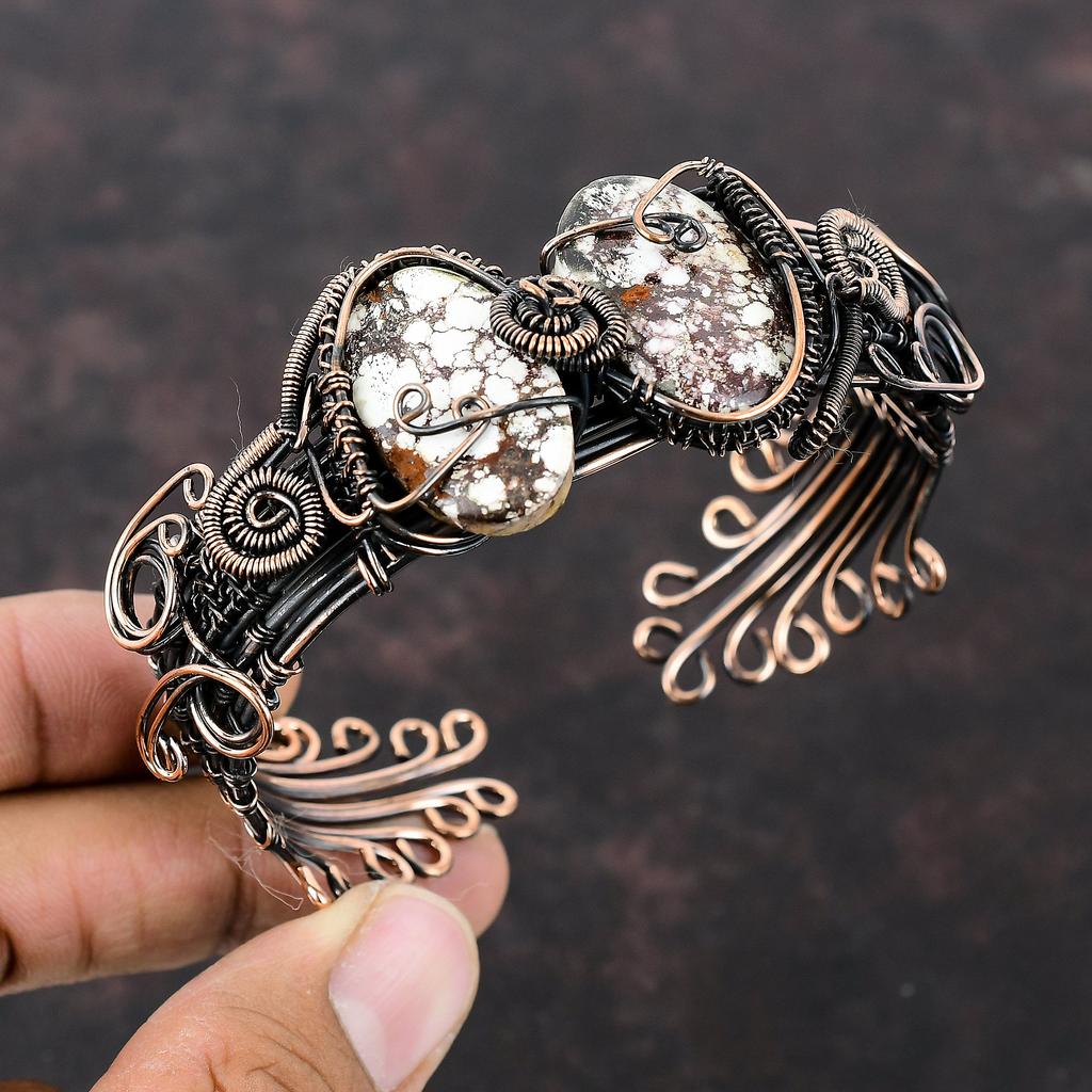Wild Horse Magnesite Bangle Copper Wire Wrapped Jewelry Adjustable Cuff Bracelet Handmade Gemstone Bangle Copper Wire Bangle Engagement Gift