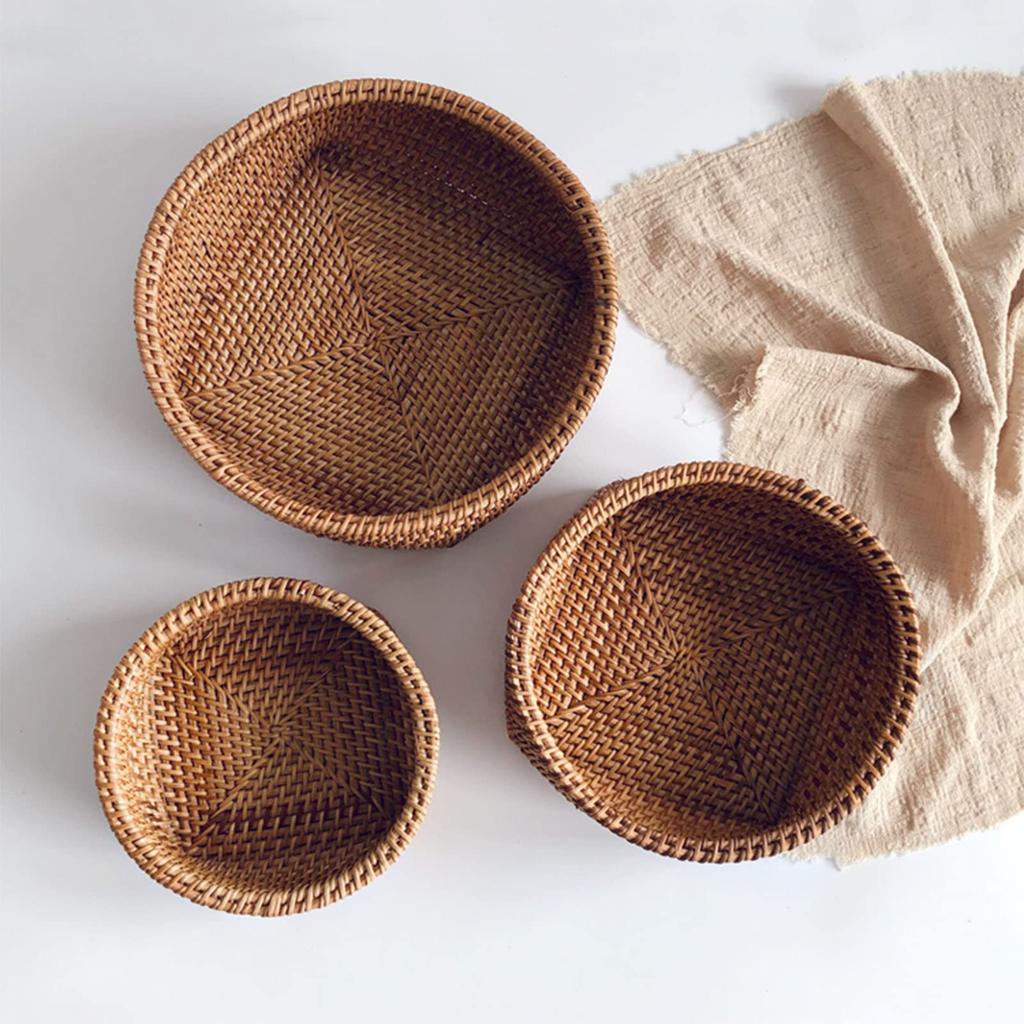 Lirancia Rattan Woven Fruit Egg Table Kitchen Serving Cute Round Japanese Style Basket, Tray, Tray, Organizer, Storage, Tray, Shape, [L=28×10cm]
