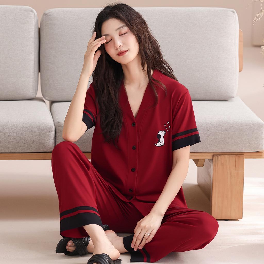 Happy button~ Summer pure cotton wedding couple pajamas red short-sleeved trousers newlywed men's and women's loungewear set