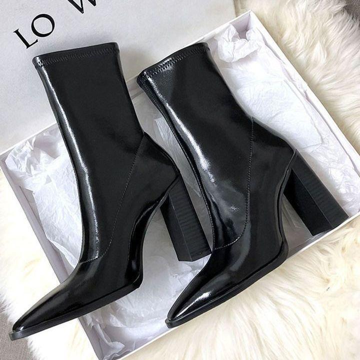 Short Boots Women's Small Square Head Thick Heel Patent Leather Super High Heels 2025 Spring and Autumn New Kendou Same Martin Boots Velvet