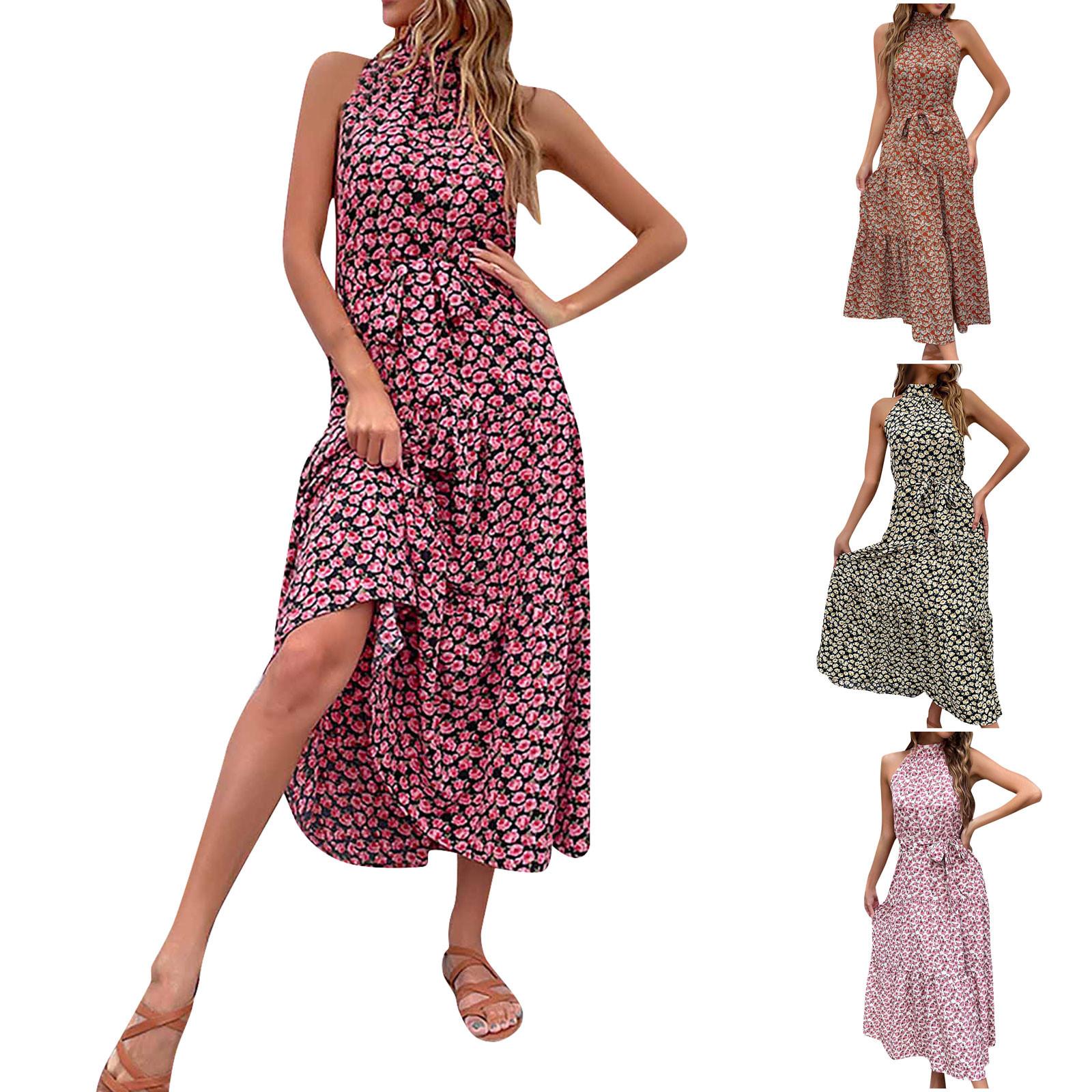 

Летнее женское модное платье с цветочным принтом и вырезом без рукавов