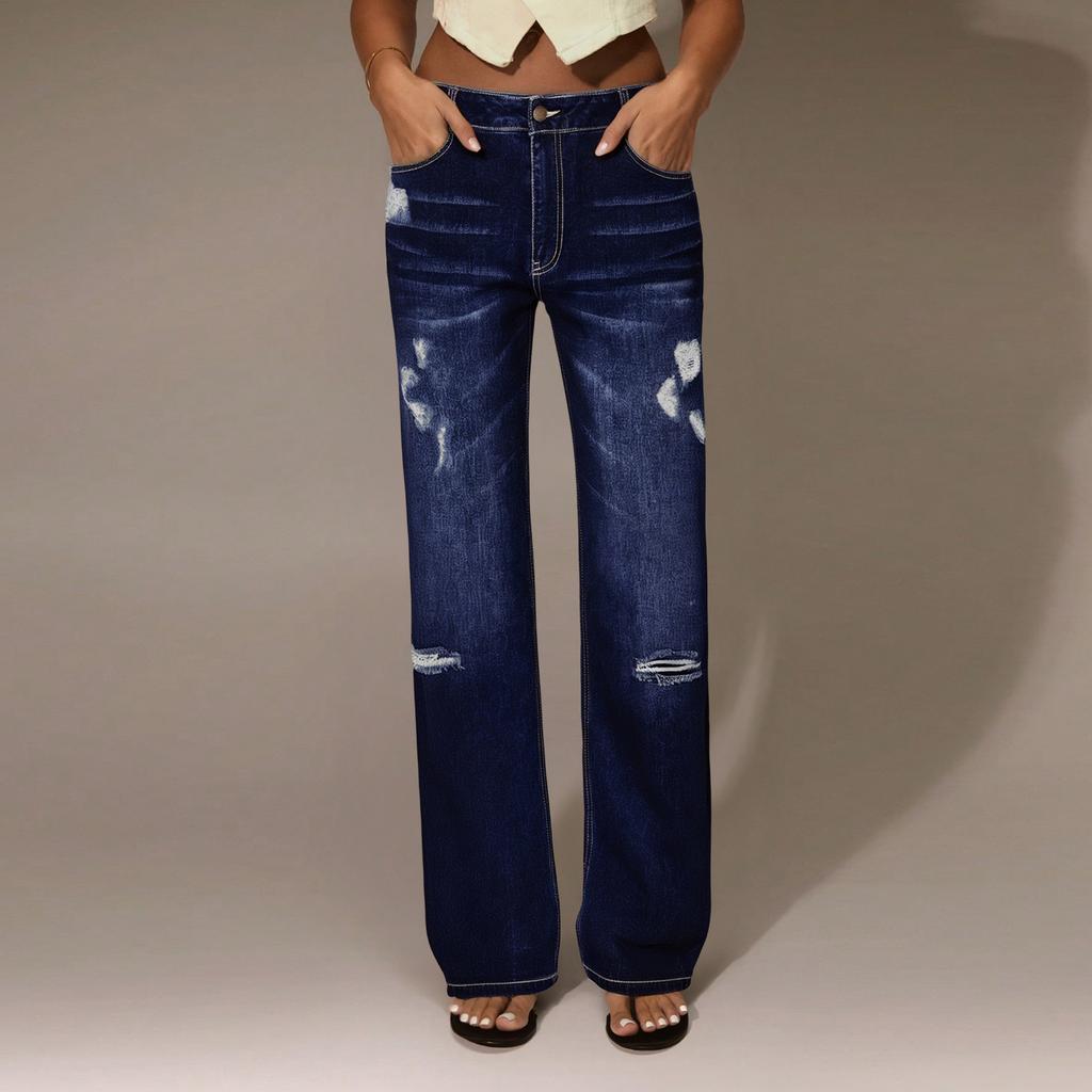 Women's High Waist Straight Loose Lace Stretch Lightweight Fashion Jeans
