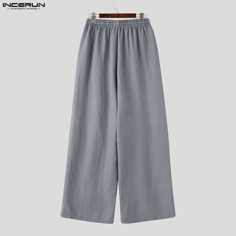 INCERUN Men Drawstring Elastic Waist Flimsy Drapey Casual Long Wide Leg Pants Trousers