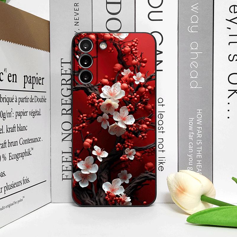 Retro Artistic Red Flower Plum Blossom Pattern Phone Case for Samsung Galaxy S25 S24+ S23 Ultra S22 Plus S21 FE M53 Soft Covers