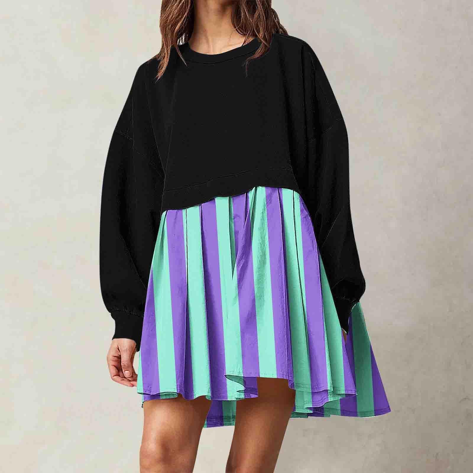 

Женская мода повседневная круглая горловина длинный рукав пэчворк пуловер свитшот принтованные платья M