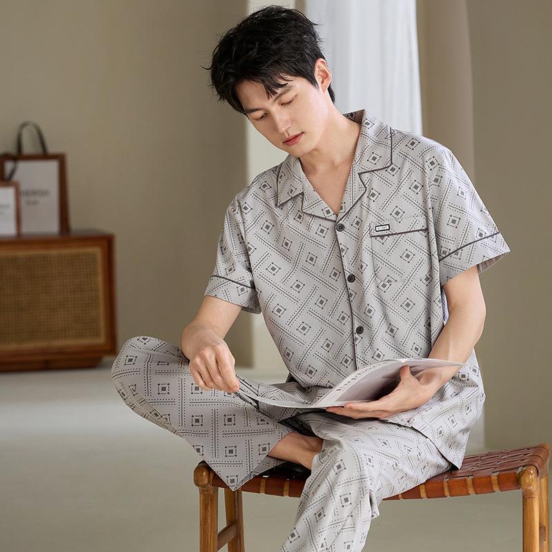 Pajamas Men's Summer Cotton Short Sleeve Pants Set Thin Men's Large Size High-end Fashion Alphabet Homewear