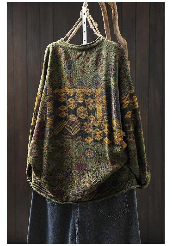Women's Retro Floral Cotton Knit Sweater: Loose, Large, Round Neck, Pilling-Resistant Pullover for Spring & Autumn