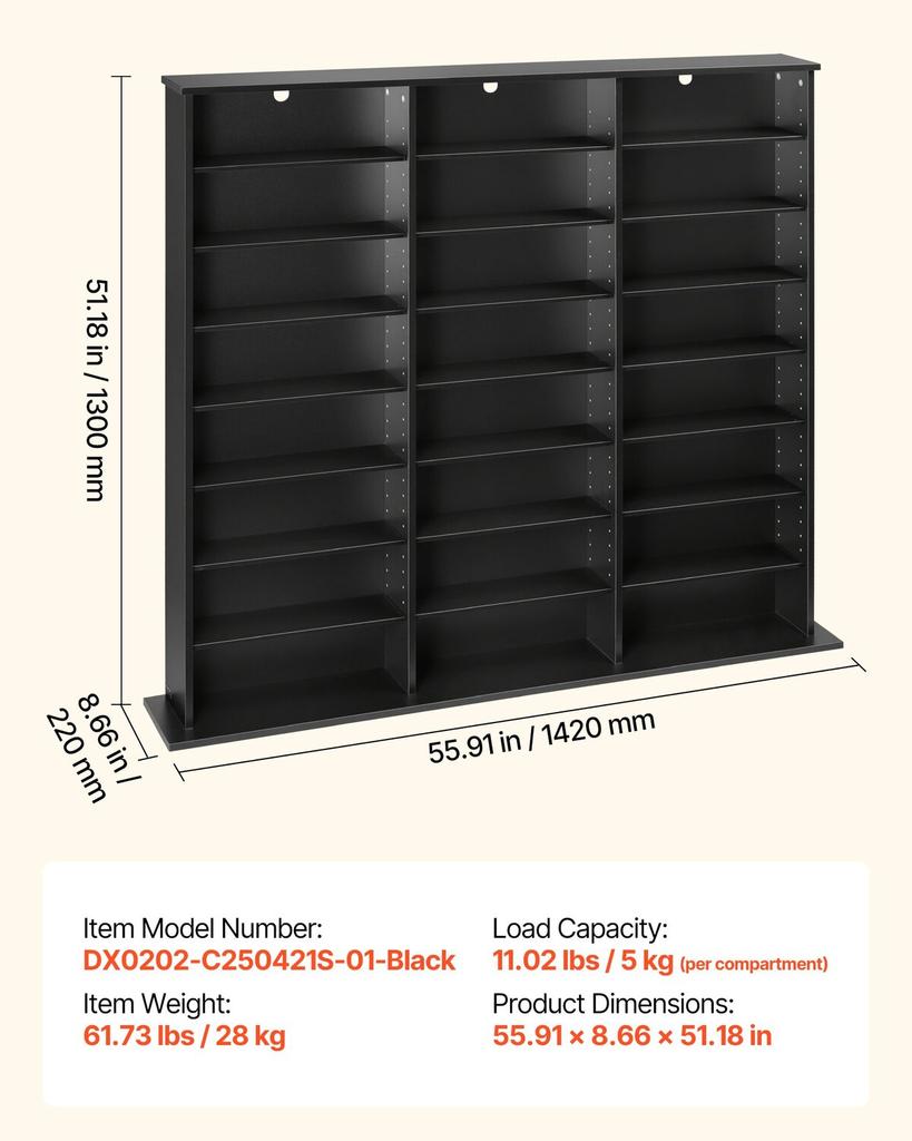 Media Storage Cabinet, 8-Tier DVD Shelf Organizer, 142 X 22 X 130 Cm Multimedia Storage Organizer for CDs, DVDs, Books & Games, CD Shelf for Living