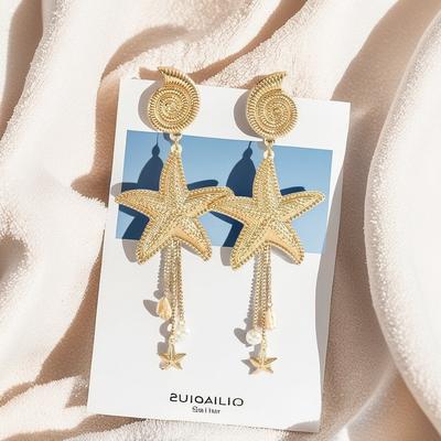 Trend Personality Versatile Starfish Conch Fringed Earrings Summer Ocean Wind Leisure Vacation Women's Earrings