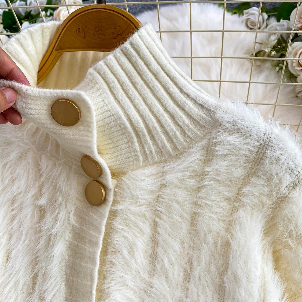 Autumn Winter Women Casual Turtleneck Single Breasted Furry Mohair Knitted Sweater Cardigans Tops Jacket Coat