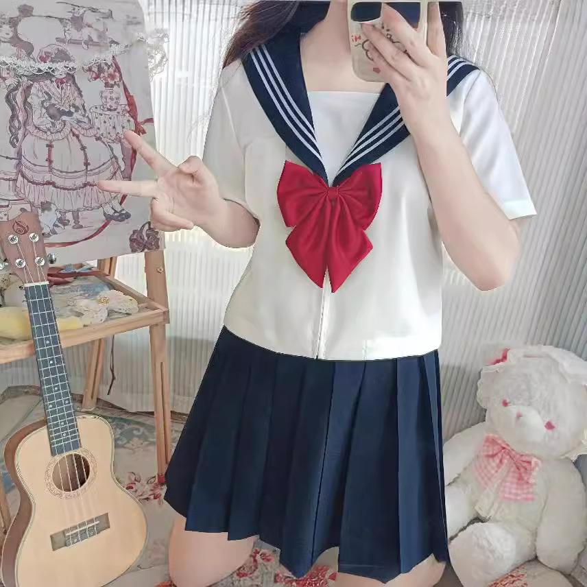 Japanese School Uniform Girl Jk Suit Sexy Spring and Autumn Red Tie White Three Basic Sailor Uniform Women Long Sleeve Suit