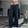 Blue Velvet Casual Pants Streetwear Stitching Straight Trousers Vintage Drawstring Low Rise Loose Women's Pants Basic 2025 Spring Autumn