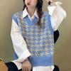 Early Autumn Korean Version New Loose Bird Checker V-Neck Sleeveless Vest Knit Tank Top Pullover Sweater Women's Wear