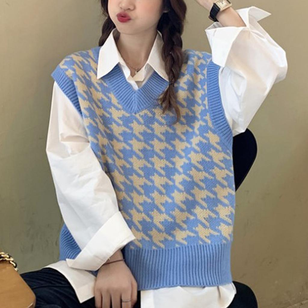 Early Autumn Korean Version New Loose Bird Checker V-Neck Sleeveless Vest Knit Tank Top Pullover Sweater Women's Wear