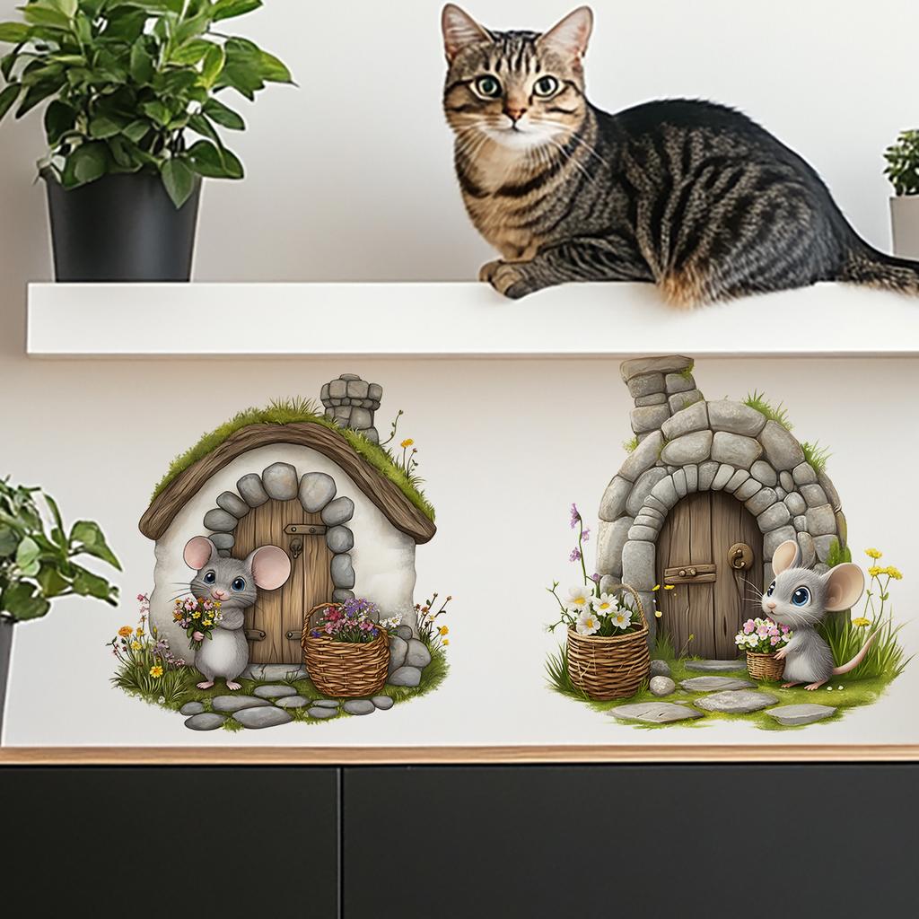 Hand-Painted Flowers & Mouse Hole Wall Stickers, Artistic Decals for Bedroom Living Room Entryway Decor, Self-Adhesive