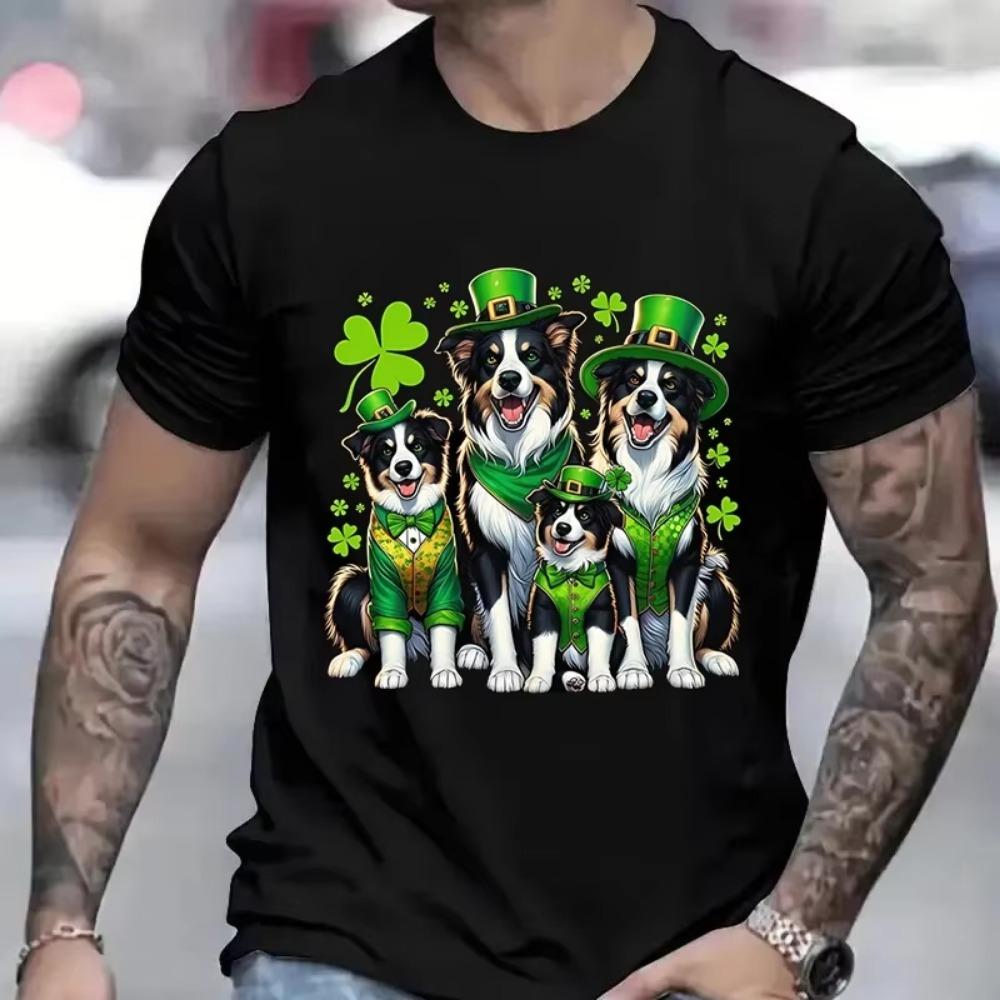 T-shirt for Men Border Collie Dog Family St Patrick's Day Irish Leprechaun Clover Summer Tshirts Short Sleeve Men's Tee Tops Y2k