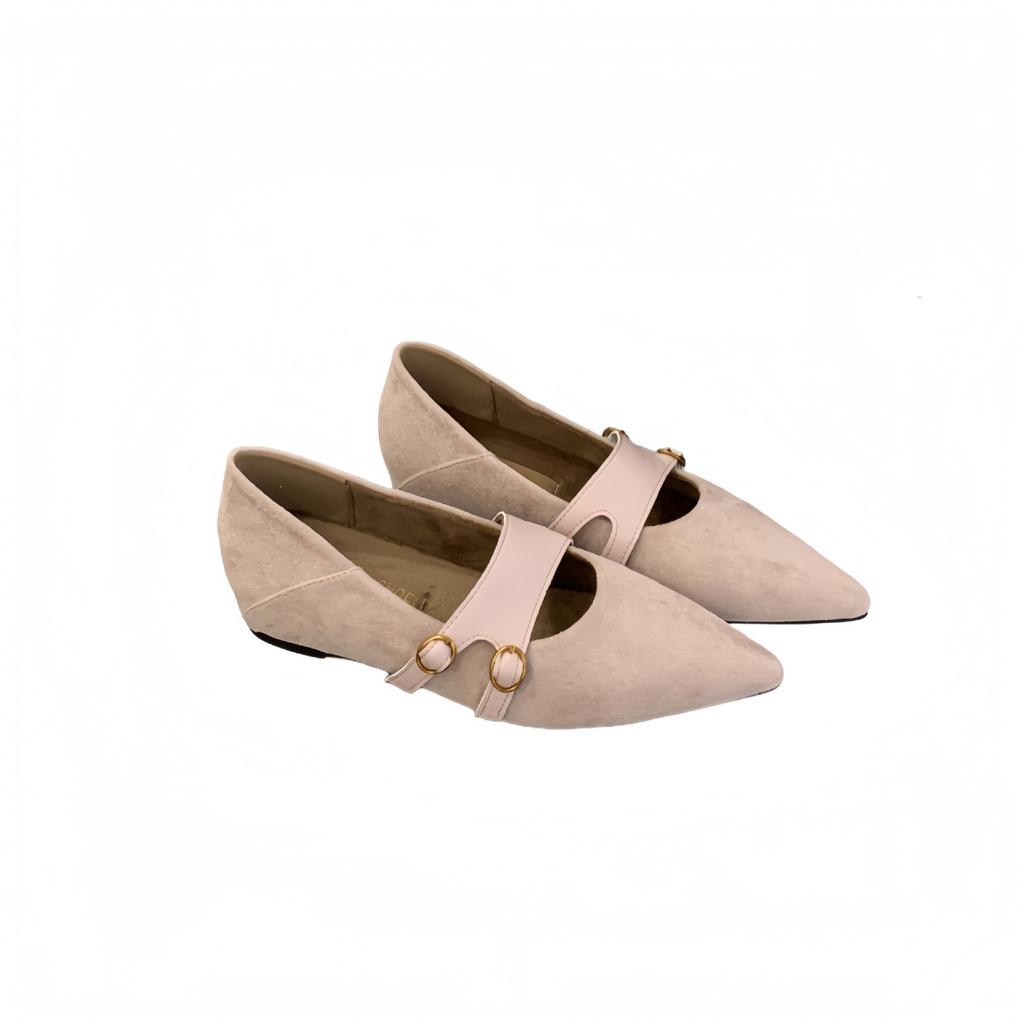 Retro pointed matte splicing one-word buckle shallow mouth single shoes women's inner height increase shallow mouth temperament work shoes