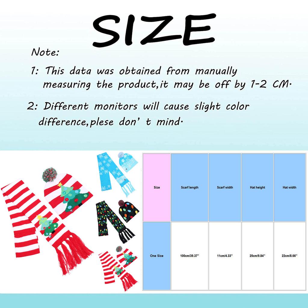 Knitted Christmas Beanie Hat and Scarf Set with LED Lights Pom Pom Winter Warm Soft Stretchy Headwear for Adults and Kids Holiday Accessories
