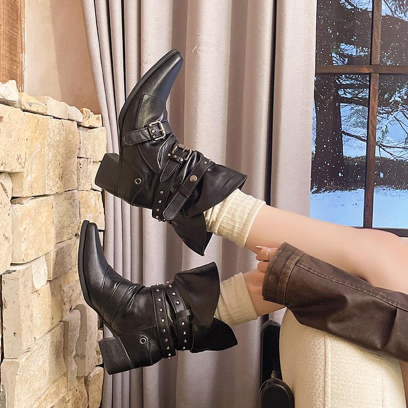 Pointed Hottie Coarse Heel Knight Boots Black Punk Style Niche Personality Boots American Wasteland Style Boots Female Retro