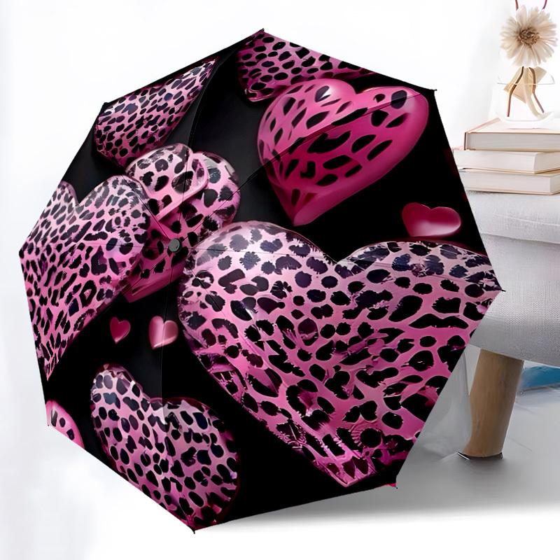 1pc Pink Leopard Heart Automatic Opening and Closing Folding Umbrella with 8 Iron Ribs - Portable, Foldable for Travel Yy251124111