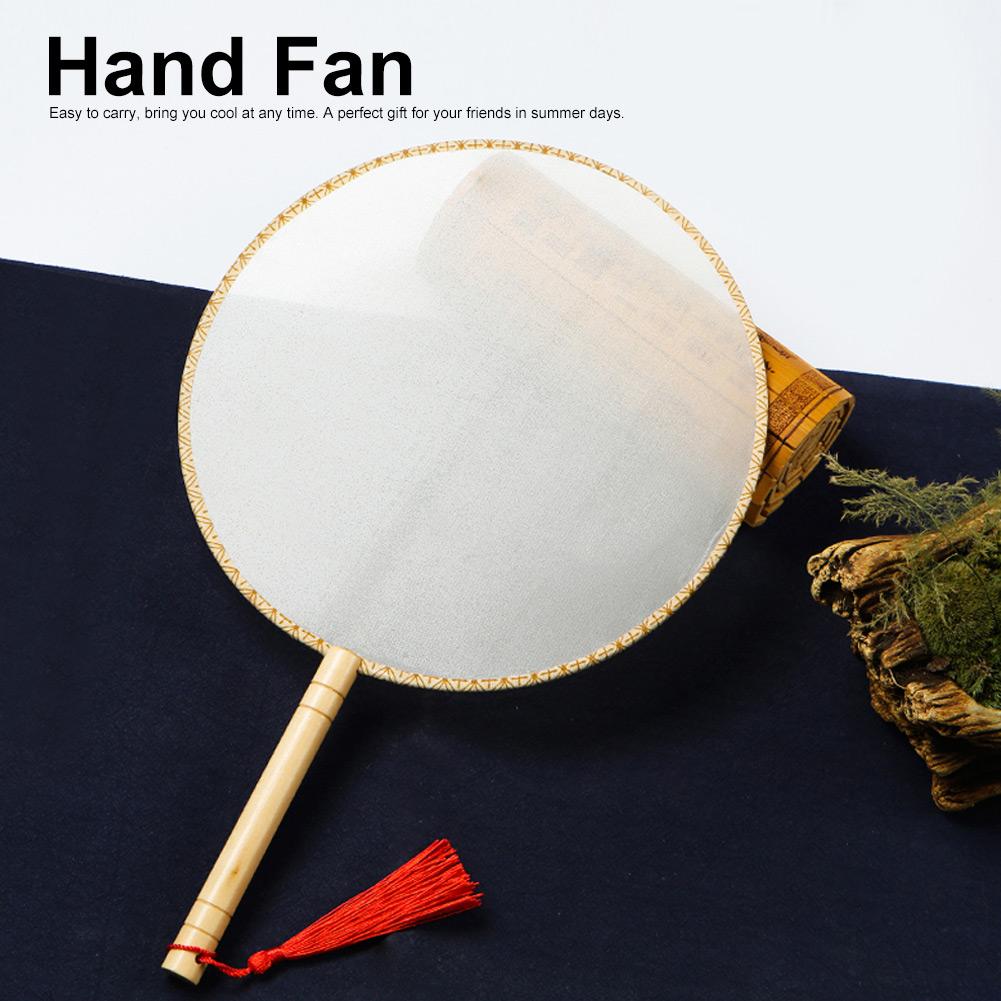 Classical Wooden Handle Round Silk Classical Fan Tassel Handle Fan Gift Decoration(Round wooden handle white silk cloth )