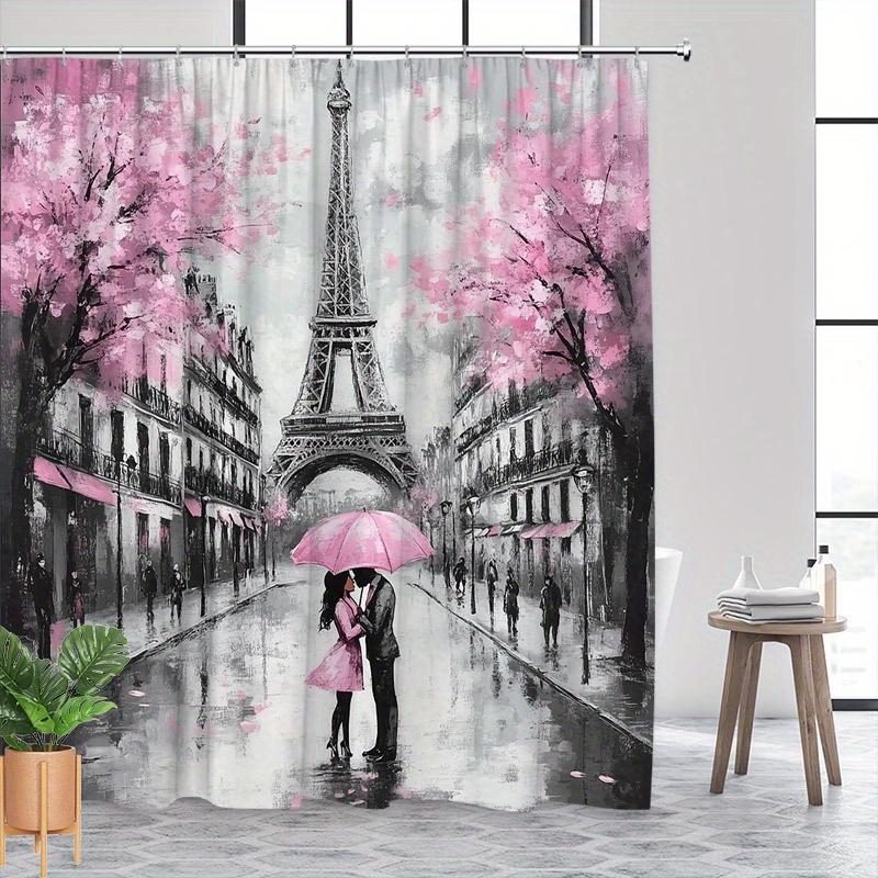 Rideau de douche parisien romantique - Fleurs de cerisier, Tour Eiffel, Couple des années 1940, Parapluie rose, Décor de salle de bain nostalgique,