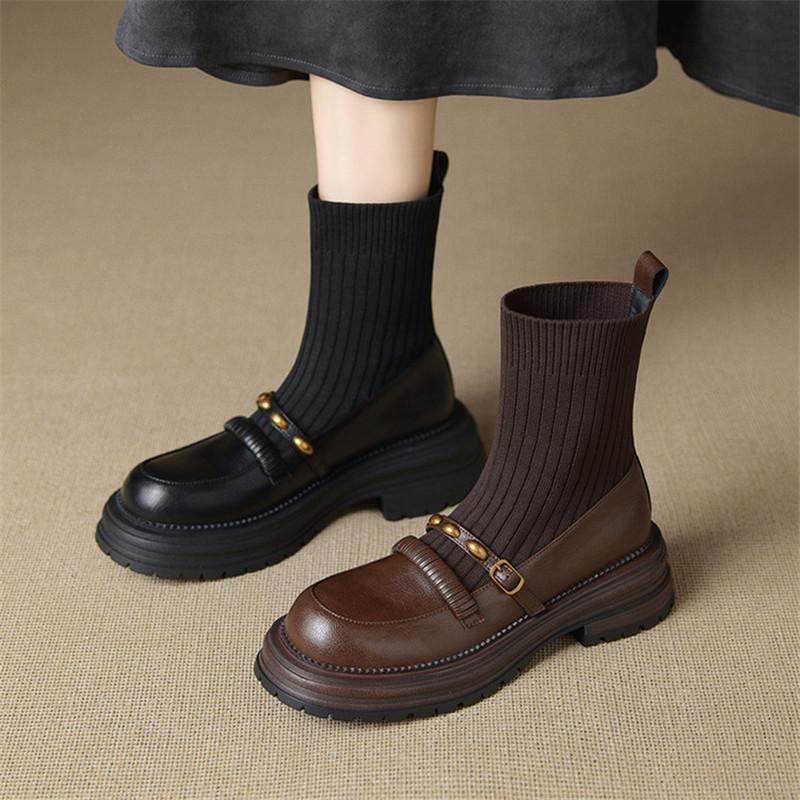 Fashion New Autumn/winter Split Leather Women Boots Round Toe Shoes for Women Fashion Skinny Boots Mid Heels Platform Chelsea Boots