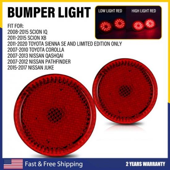 Pair Red LED Bumper Rear Reflector Brake Light Tail 2008-2015 Fit Scion IQ LH+RH