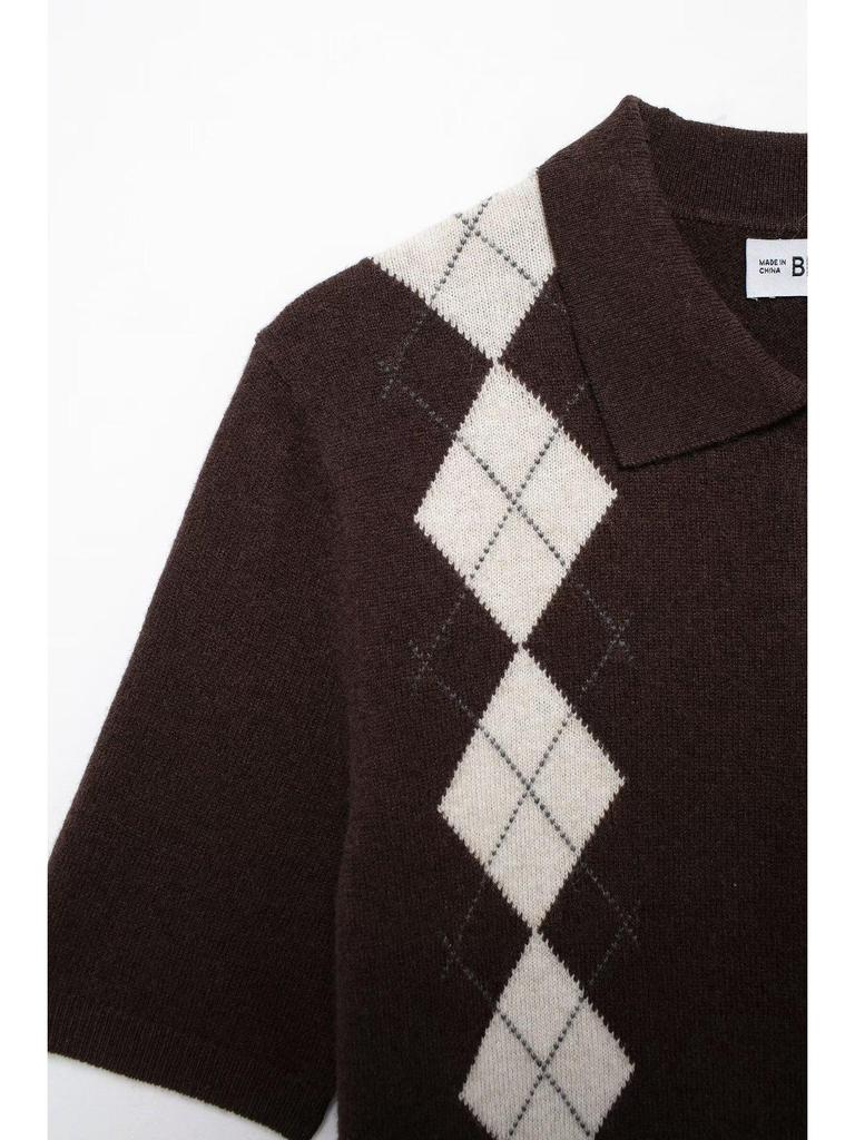 2025 Frühling/Sommer Argyle Preppy POLO Kragen Strick Damen Top