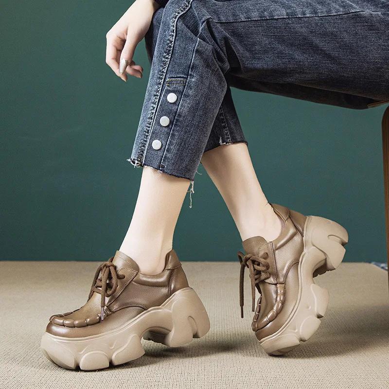 Fashion 7cm Fashion Return Autumn Spring Casual Ladies Shoes Sneakers Women Genuine Leather Platform Wedge Super Thick Female Moccasin