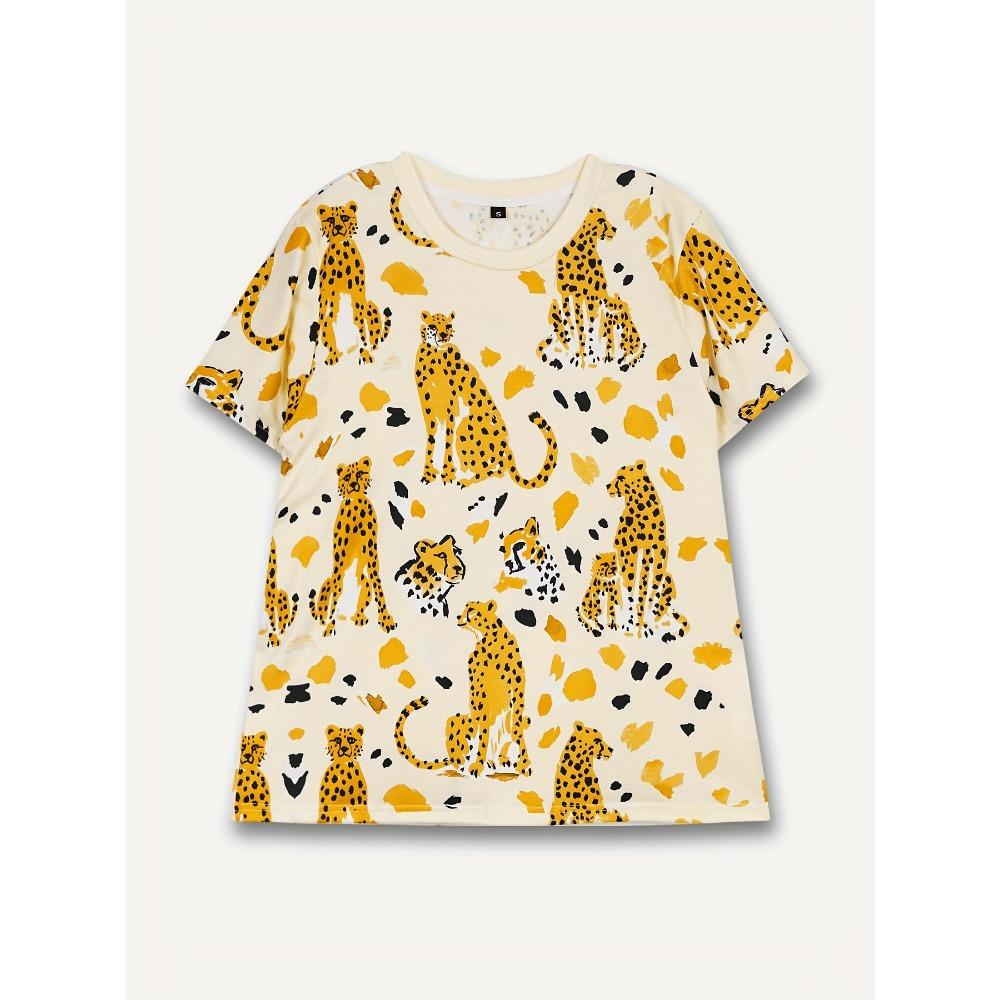 Leopard print casual style women's short sleeved round neck T-shirt
