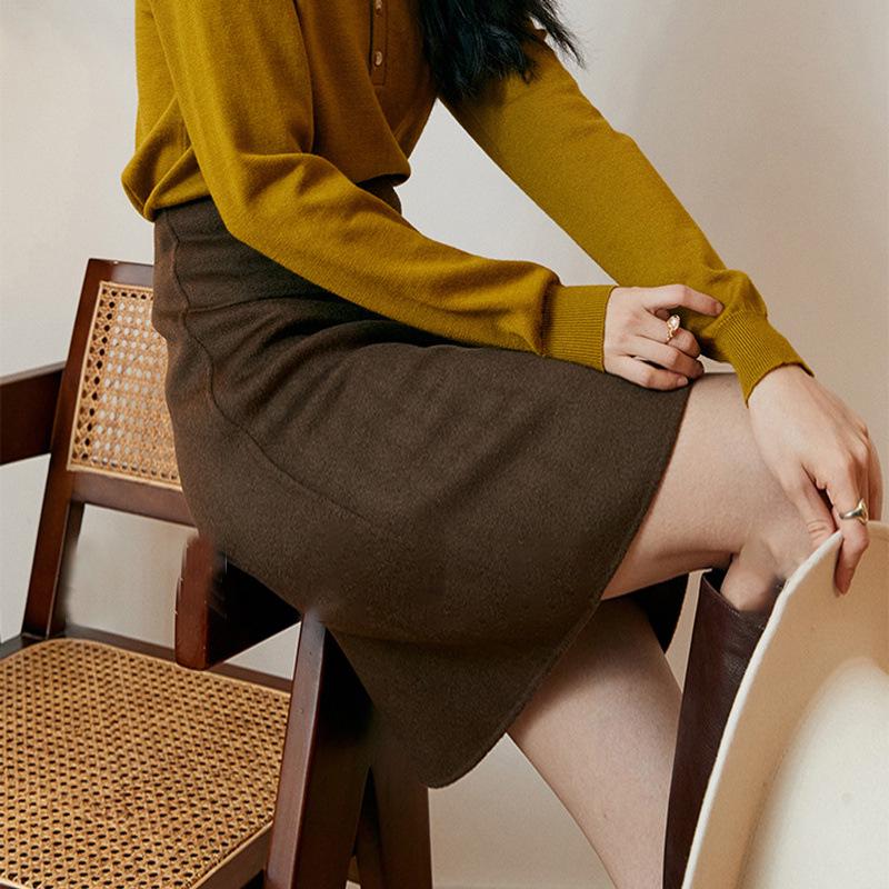 Spring Summer OL Retro Patchwork Woolen Skirt - Solid Brown, Hong Kong Style, Professional Japanese Design