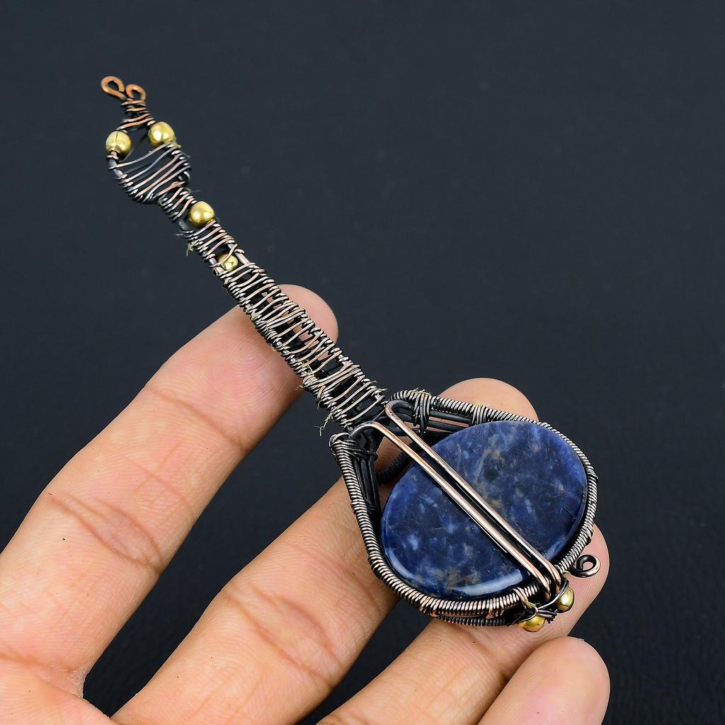 Natural Guitar Sodalite Gemstone Handmade Copper Wire Wrap Pendant 4.53 O0K02