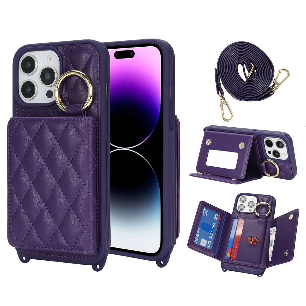 For iPhone 14 Pro Case with Lanyard/Mirror/Card Holder Grids Pattern RFID Blocking Phone Cover