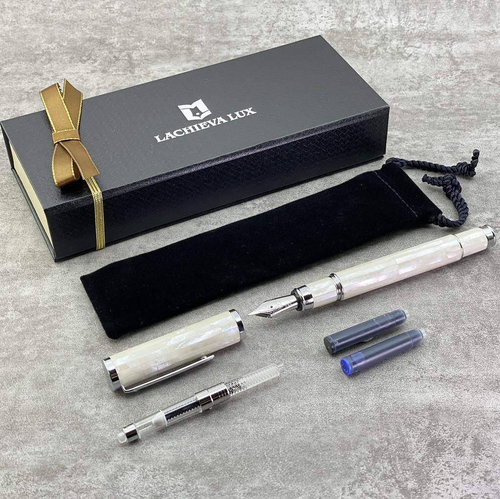 LACHIEVA LUX Mother of Pearl Fountain Pen with German Fine Luxury Pen Gift Set for Men and Women Nib. (pearl White)